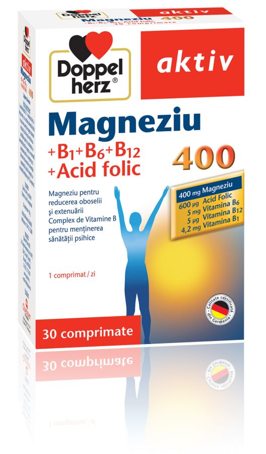 Doppelherz Aktiv Magneziu 400+B1+B6+B12+Acid Folic Comprimate, Comprimate, 30buc 