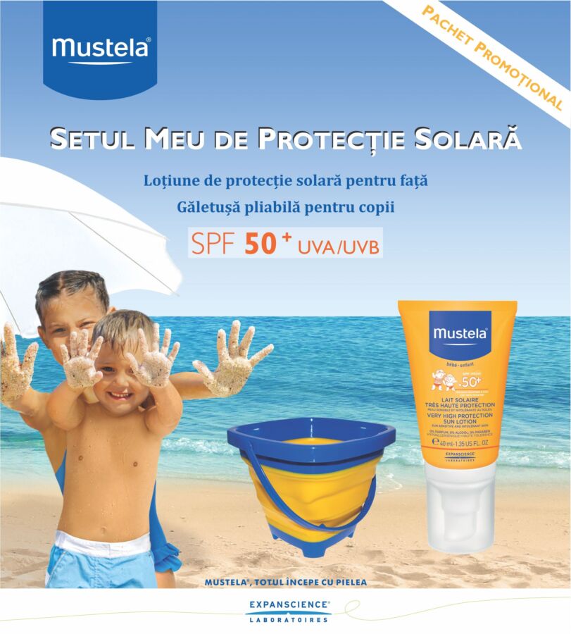 Mustela Bebe Set Protectie Solara ( Lotiune Pentru Fata Protectie Solara Bebelusi Si Copii SPF50, 40ml + Mustela Galetusa CADOU
