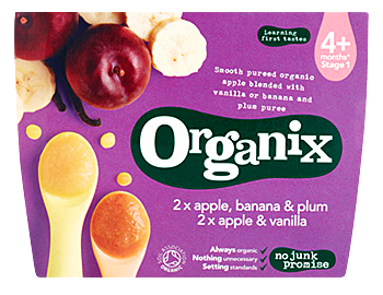 Organix Piure Mere & Vanilie Si Mere & Banane, Prune 4+ Luni, Piure, 4x100gr