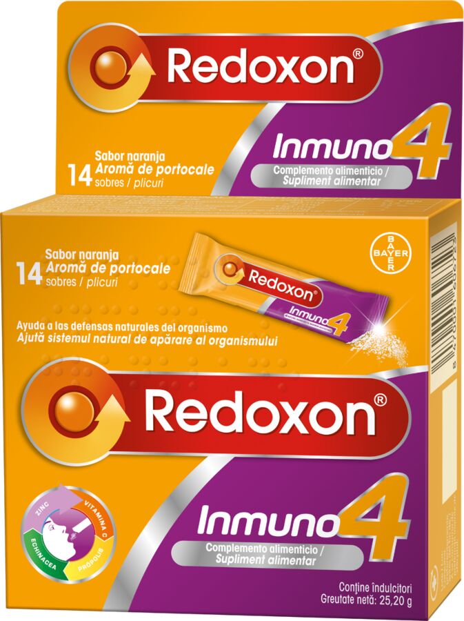 Redoxon Inmuno 4, Vitamina C, Echinacea, Zinc si Propolis, 14 plicuri cu granule orodispersabile