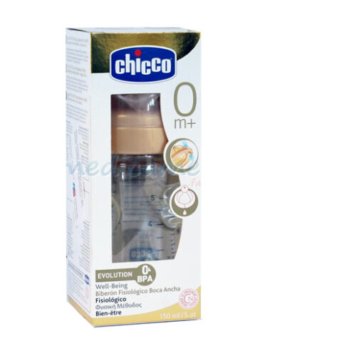 Chicco „Evolution” Biberon Cu Tetina Cauciuc Flux Normal 150 ml (0+) 0% BPA, Biberon, 1buc-0 Chicco "Evolution" Biberon Cu Tetina Cauciuc Flux Normal 150 ml (0+) 0% BPA, Biberon, 1buc-0