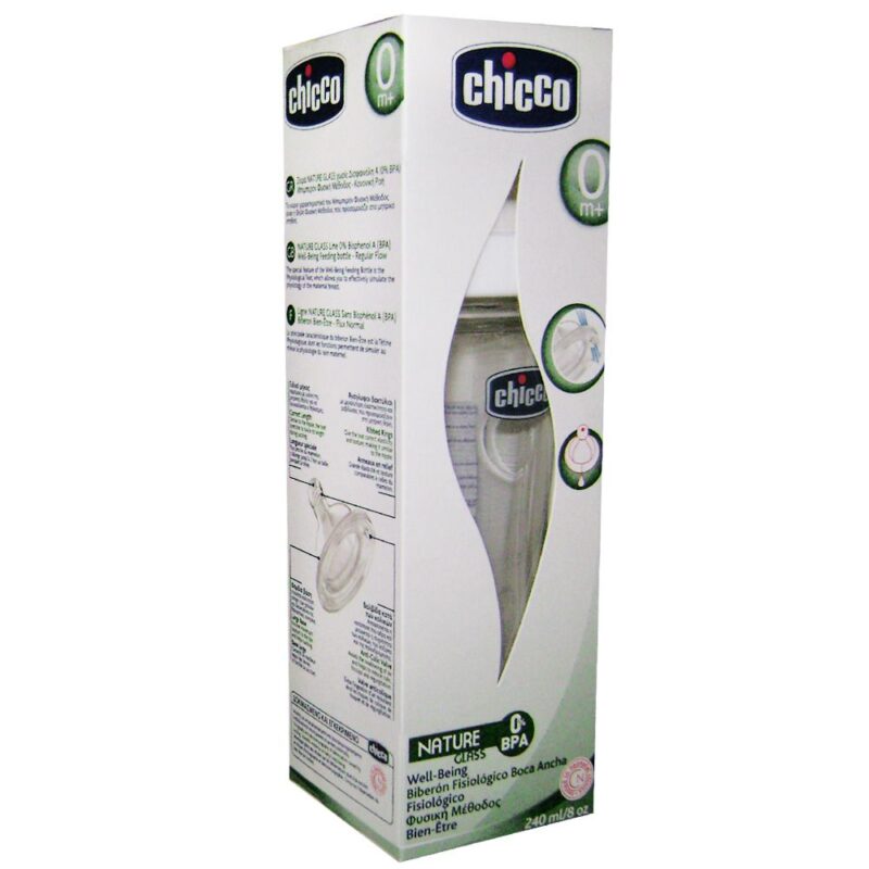 Chicco "Nature glass" Biberon Sticla Tetina Silicon 240 ml (0+) 0% BPA, Biberon, 1buc-0