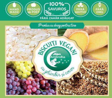 Hiper Ambrozia Biscuiti Vegani cu Ghimbir si Cocos Fara Zahar Adaugat, Biscuiti, 150g-0 Hiper Ambrozia Biscuiti Vegani cu Ghimbir si Cocos Fara Zahar Adaugat, Biscuiti, 150g-0