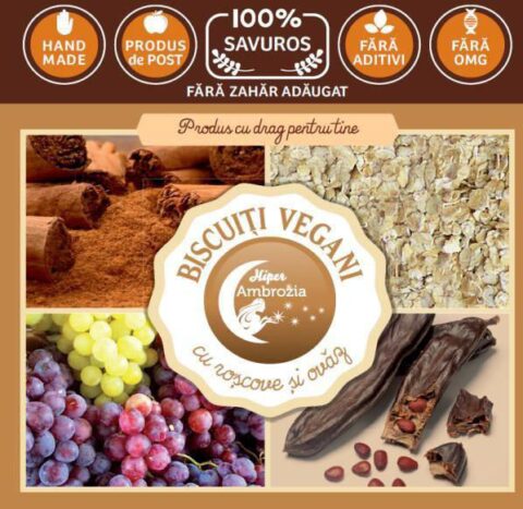 Hiper Ambrozia Biscuiti Vegani cu Roscove si Ovaz Fara Zahar Adaugat, Biscuiti, 150g-0 Hiper Ambrozia Biscuiti Vegani cu Roscove si Ovaz Fara Zahar Adaugat, Biscuiti, 150g-0
