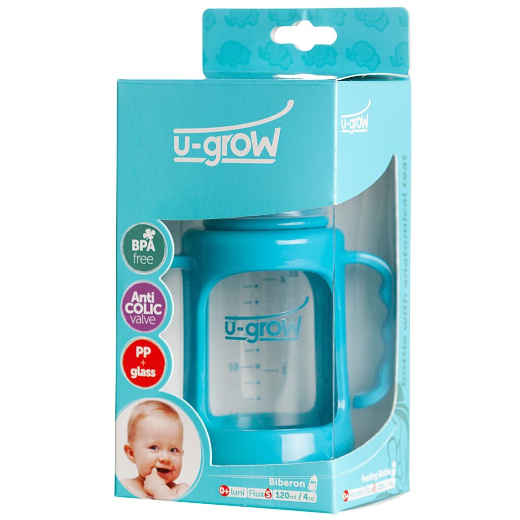 U-Grow Biberon din Sticla Gat Normal cu Protectie 120ml, Biberon, 1buc-0