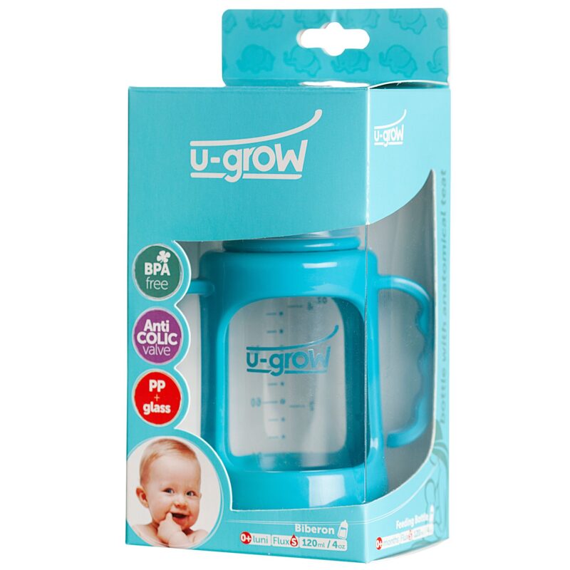 U-Grow Biberon din Sticla Gat Normal cu Protectie 120ml, Biberon, 1buc-0