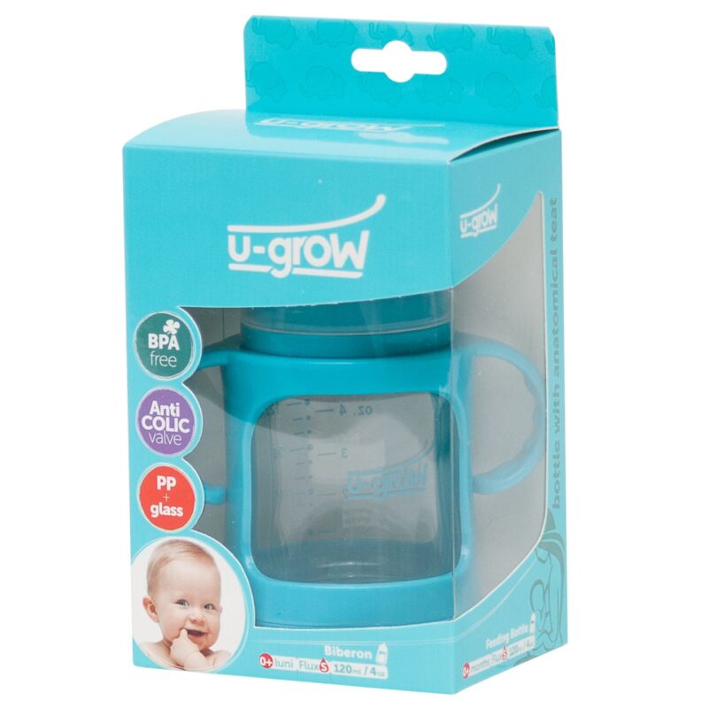 U-Grow Biberon din Sticla 120 ml Gat Larg cu Protectie Plastic, Biberon, 1buc-0