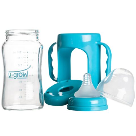 U-Grow Biberon din Sticla 200ml Gat Larg cu Protectie Plastic, Biberon, 1buc-0