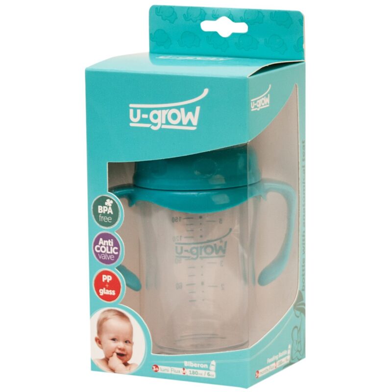 U-Grow Biberon din Sticla 180ml Gat Larg cu Maner PP, Biberon, 1buc-0