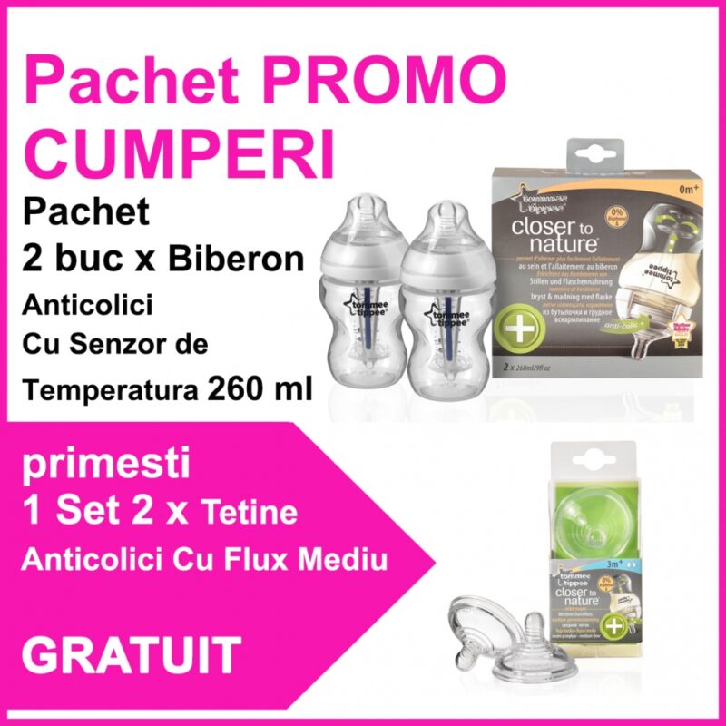 Tommee Tippee Pachet 2 Biberoane Anticolici cu Termometru 260ml + 2 Tetine Flux Mediu CADOU, Pachet,1buc-0
