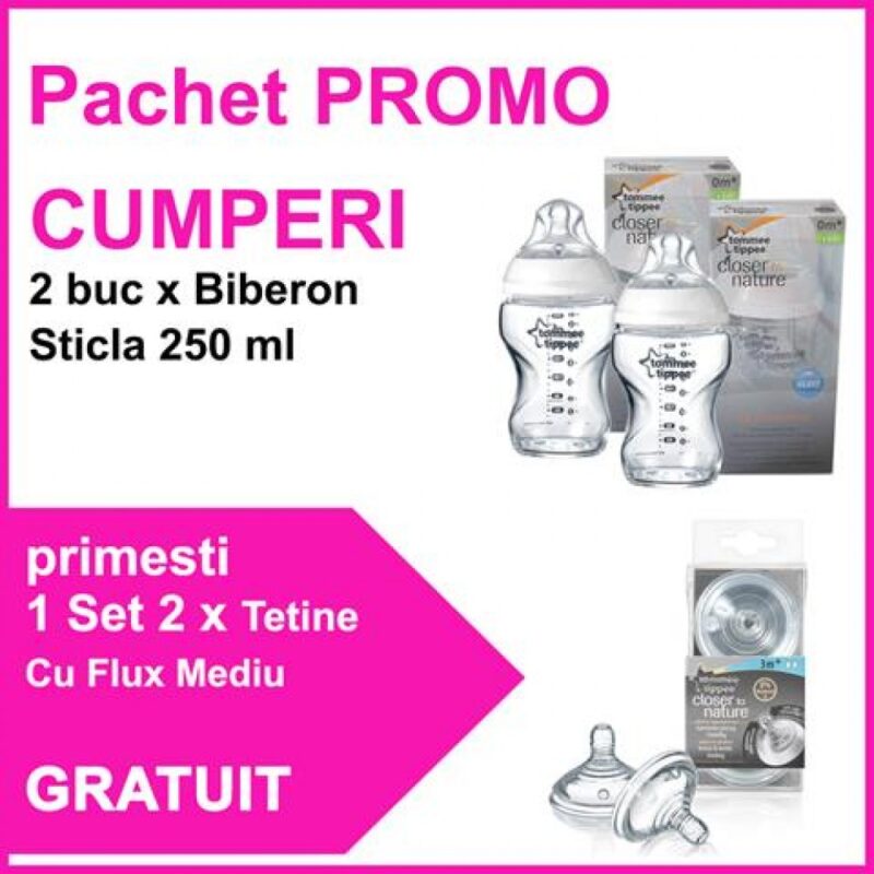 Tommee Tippee Pachet 2 Biberoane Sticla 250ml + Set 2 Tetine Flux Mediu CADOU, Pachet, 1buc-0