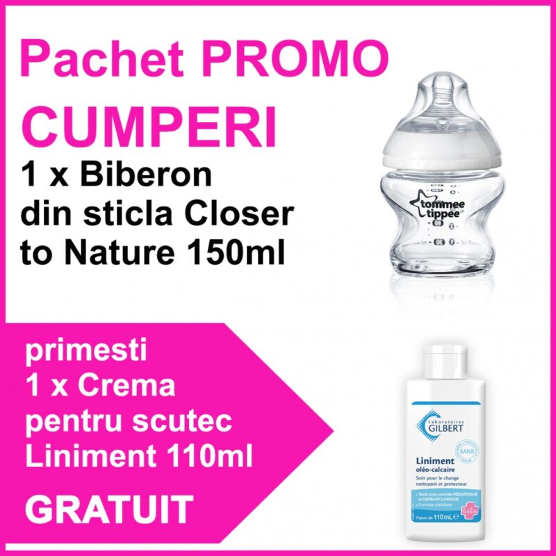 Tommee Tippee Pachet Biberon Closer to Nature Sticla 150ml + Crema Pentru Scutec Liniment 110ml CADOU, Pachet, 1buc-0