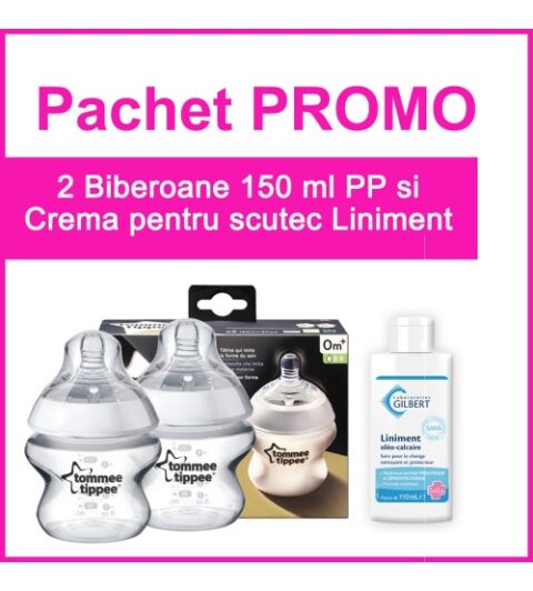 Tommee Tippee Pachet 2 Biberoane PP 150ml + Crema Pentru Scutec Liniment 110ml CADOU, Pachet, 1buc-0 Tommee Tippee Pachet 2 Biberoane PP 150ml + Crema Pentru Scutec Liniment 110ml CADOU, Pachet, 1buc-0